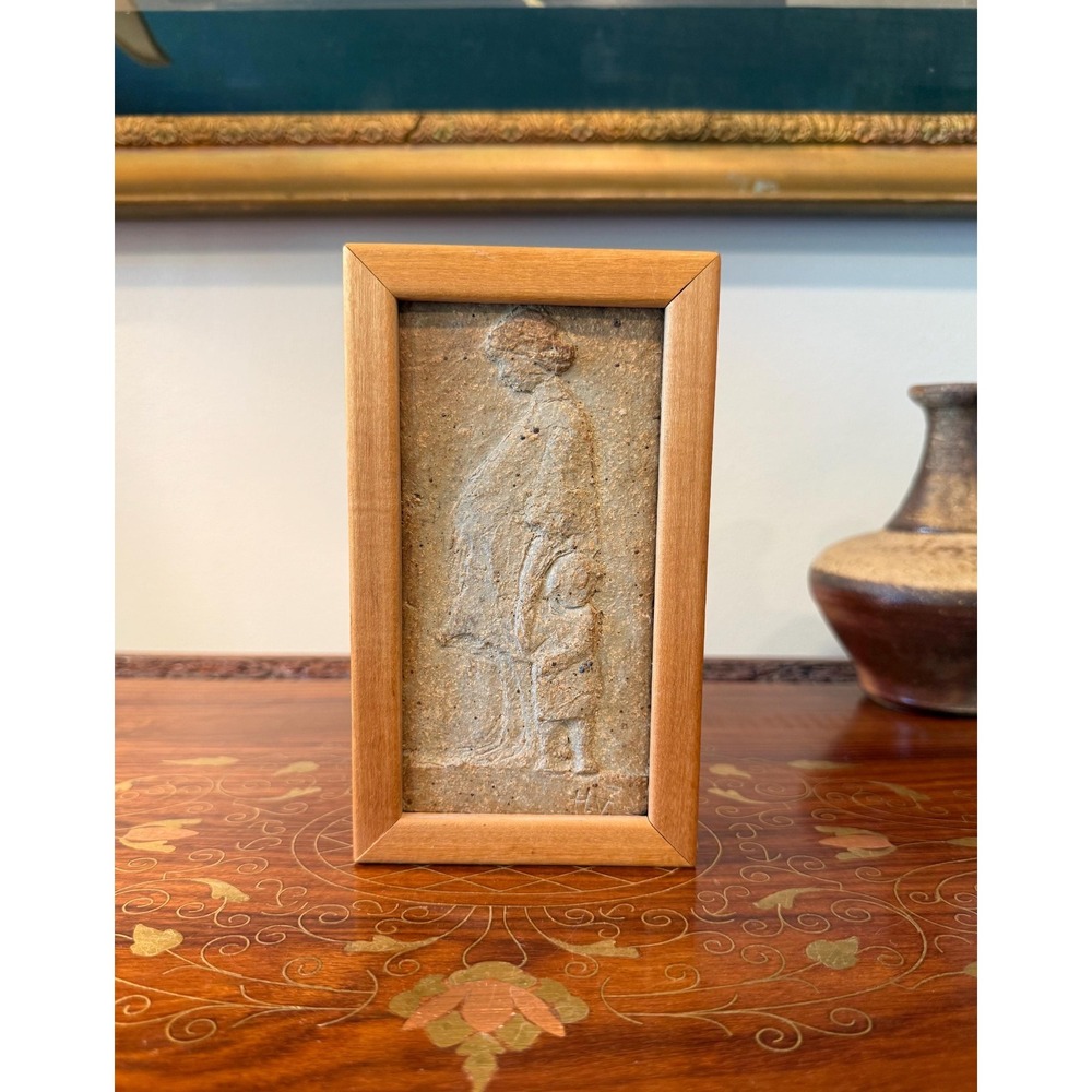 Vintage Ceramic Relief Plaque Signed HV, Framed Figural‎ Wall Art